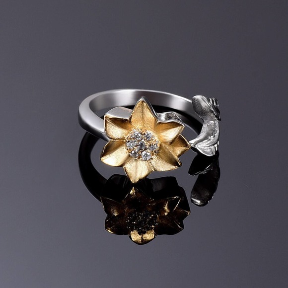 COPY - Forget Me Not Flower Gold and Silver Cremation Ring for Ashes Boho - Picture 1 of 5